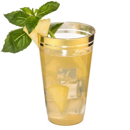 Perfect Settings 16 oz Gold Glitter Disposable Plastic Cups, 2 Line Gold Rim - 100 Count