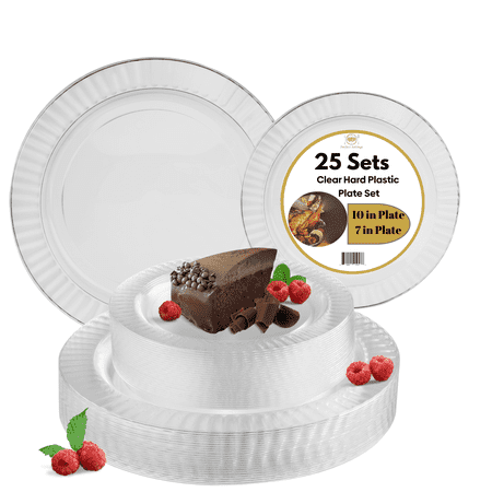 Perfect Settings 25 Sets Clear Plastic Dinner & Salad/Dessert Plates, Ribbed Edge, 10-inch / 7-inch