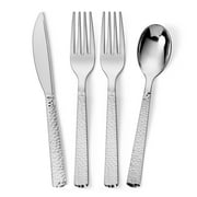 Perfect Settings Hard Disposable Plastic Utensils, 300 Pieces, 1 Pack, Hammered Design, Silver