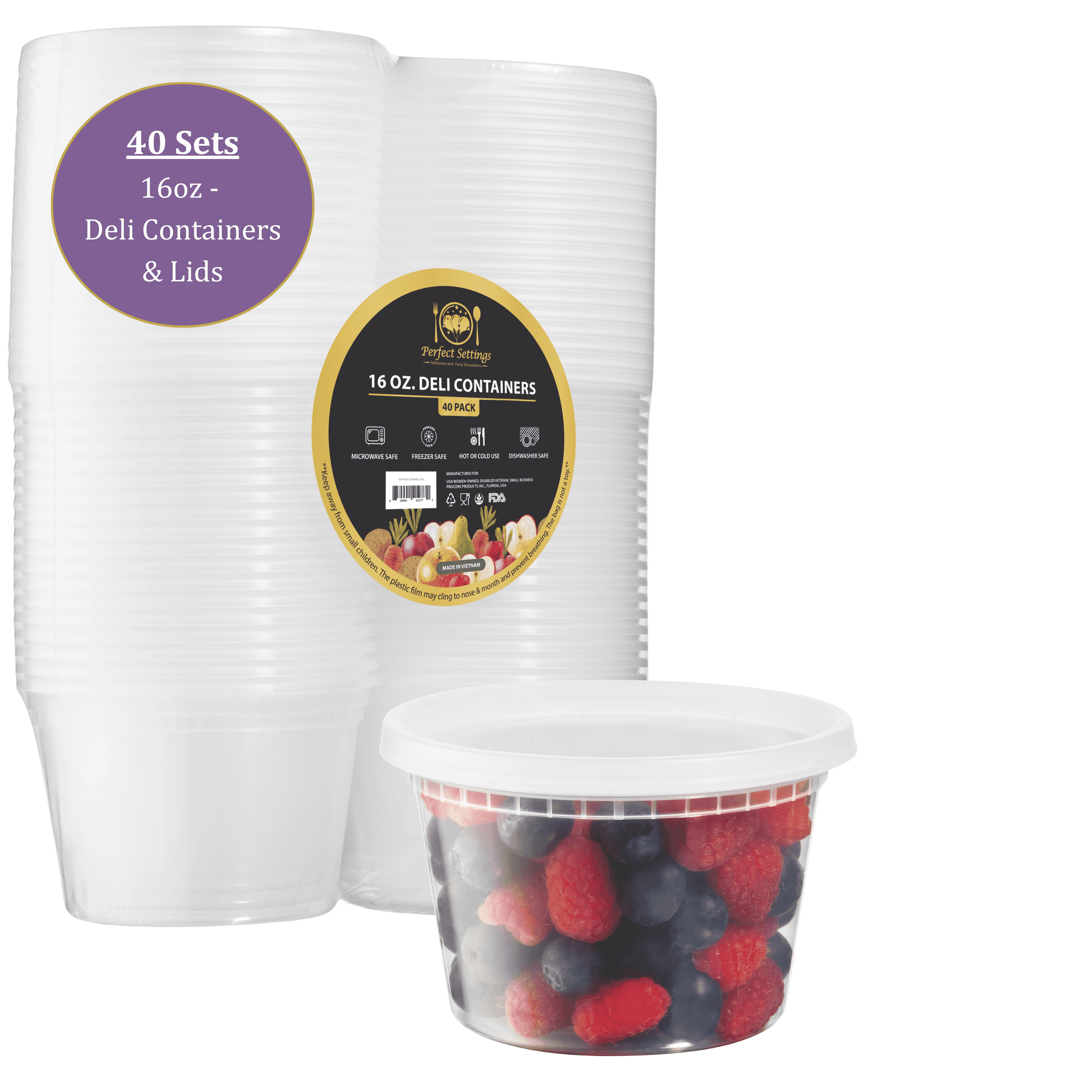 Clear 16oz Plastic Meal Prep Containers with Snap Lids, Set of 40