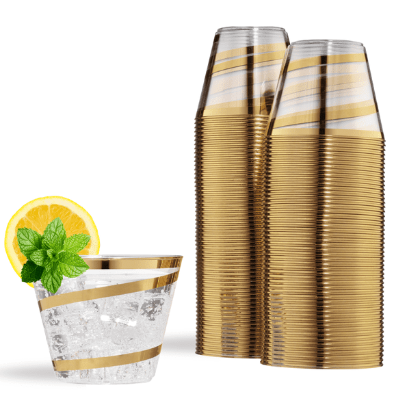 Perfect Settings 9 oz Clear Plastic Disposable Cups, Gold Rim & Gold Swirl - 110 Count