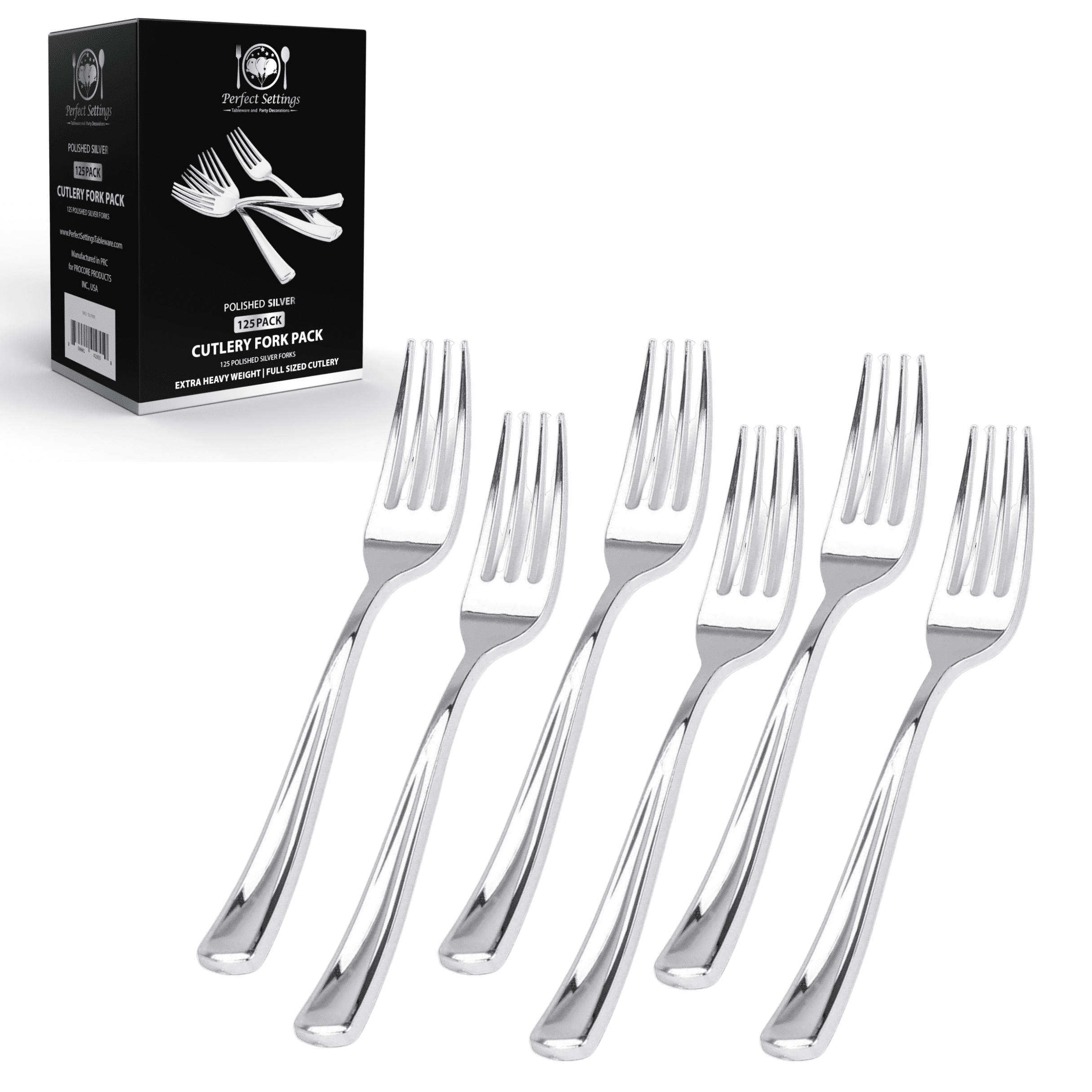 Perfect Settings Tableware 125 Pack Silver Plastic Disposable Fork Set- Polished Chrome Plastic Silverware Heavy Duty Elegant Designed Forks (Set of 125)