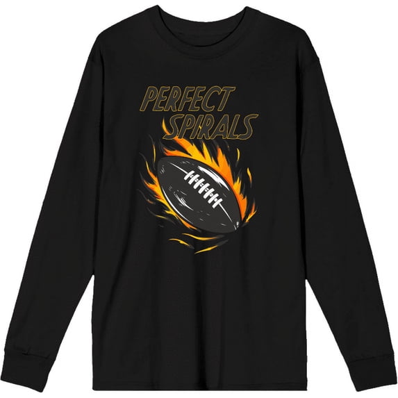 Perfect Spirals Flaming Football Adult Black Crew Neck Long Sleeve Shirt-Medium