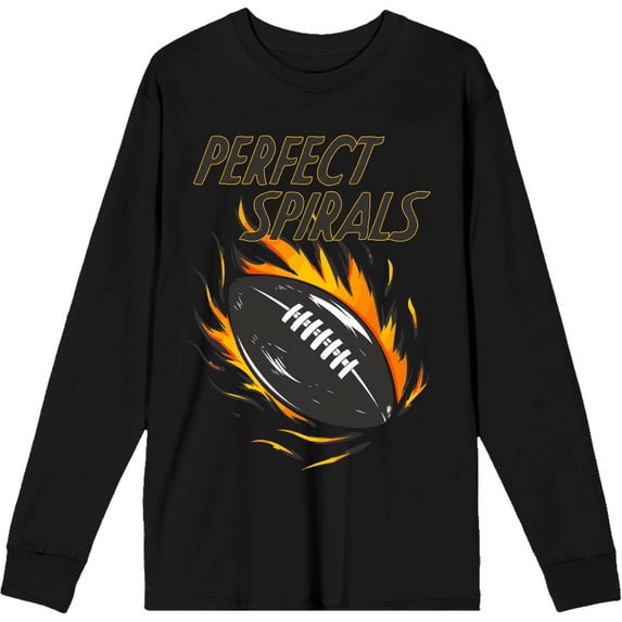 "Perfect Spirals" Flaming Football Adult Black Long Sleeve Tee-Medium