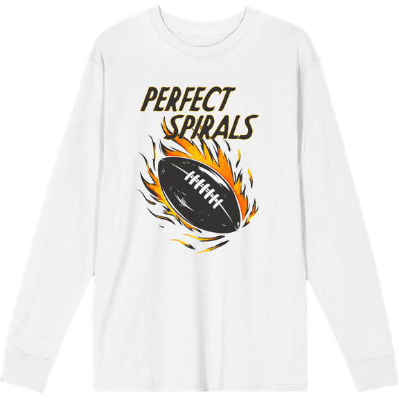 Perfect Spirals Flaming Football Adult White Crew Neck Long Sleeve Shirt-XL