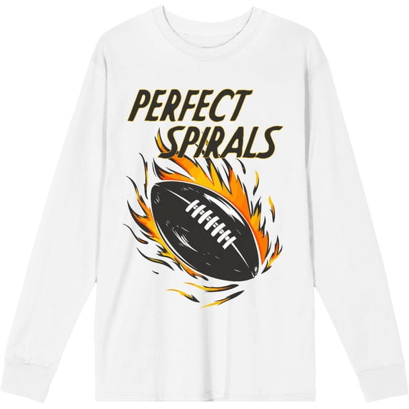 "Perfect Spirals" Flaming Football Adult White Long Sleeve Tee-Small