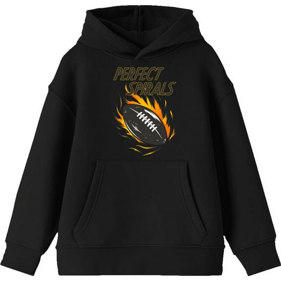 "Perfect Spirals" Flaming Football Youth Black Long Sleeve Hoodie-Medium