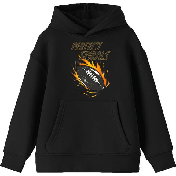 "Perfect Spirals" Flaming Football Youth Black Long Sleeve Hoodie-XS