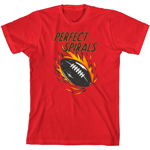 "Perfect Spirals" Flaming Football Youth Red Short Sleeve Tee-Medium