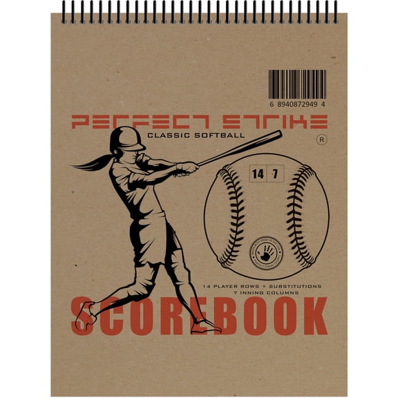 Perfect Strike Softball Scorebook with Rules, Durable Scorekeeping Book for Baseball and Softball, 14:7 Player Inning System, Brown