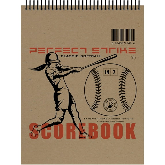 Perfect Strike Softball Scorebook with Rules and Instructions, 8.5x11 Scorekeeping Book for Baseball and Softball, 14:7 Player Inning System, Brown