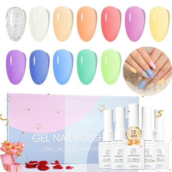 Perfect Summer Gel Nail Polish, 12 Colors Gel Polish Macaron Nude Sheer Soak Off UV Nail Polish Gel, Manicure DIY Salon Nail Art Gift for Women Girls