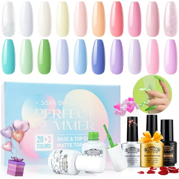 Perfect Summer Gel Nail Polish Kit, 20 Colors Gel Polish Macaron Fresh UV Nail Polish Gel Set with Glossy Base Top Coat Matte Coat, Manicure DIY Salon Nail Art Gift for Women Girls