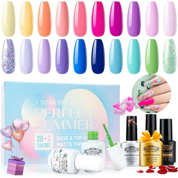 Perfect Summer Gel Nail Polish Kit, 20 Colors Gel Polish Macaron Candy UV Nail Polish Gel Set with Glossy Base Top Coat Matte Coat, Manicure DIY Salon Nail Art Gift for Women Girls
