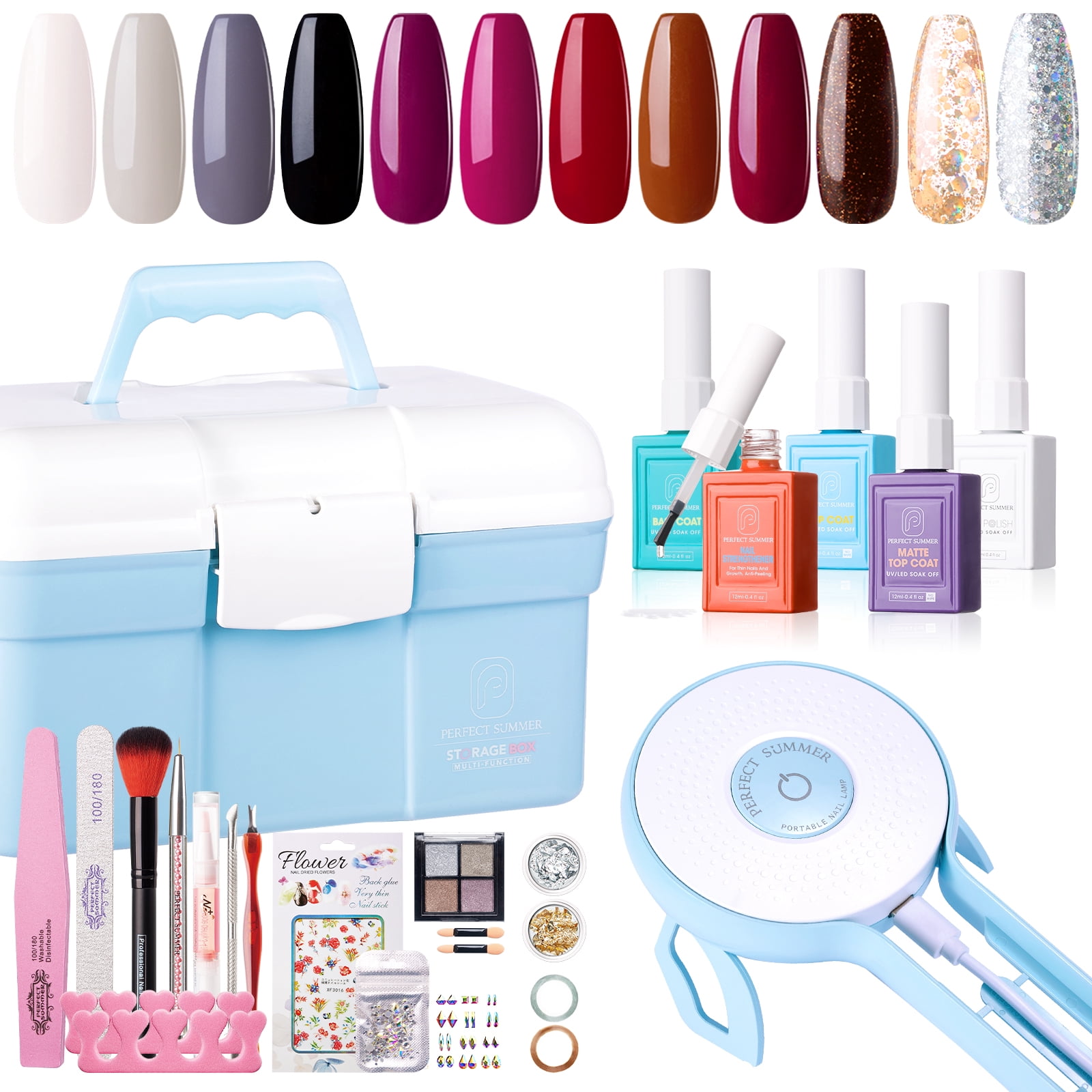 Perfect Summer Gel Nail Polish Starter Kit with 36W UV Light, 12 Colors Glitter Red Grey Gel Polish with Top and Base Coat, Soak Off Gel Polish Kit with UV Nail Lamp, UV Nail Gel Gift for Women