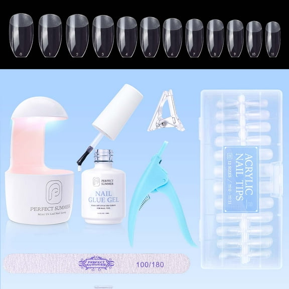 Perfect Summer Nail Tips and Glue Gel Kit, 504Pcs Short-coffin False Nail Tips, 3 in 1 Nail Glue Gel, UV Nail Lamp, Gel Nail Extension Kit, Acrylic Nail Kit