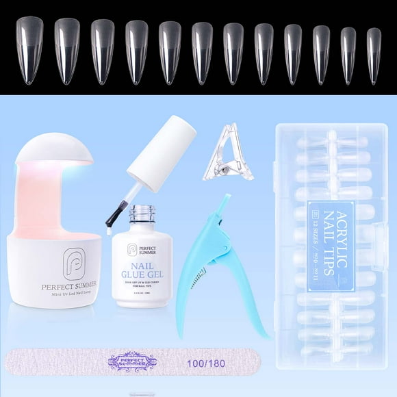 Perfect Summer Nail Tips and Glue Gel Kit, 504Pcs Stiletto False Nail Tips, 3 in 1 Nail Glue Gel, Portable UV Nail Lamp, Gel Nail Extension Kit, Acrylic Nail Kit