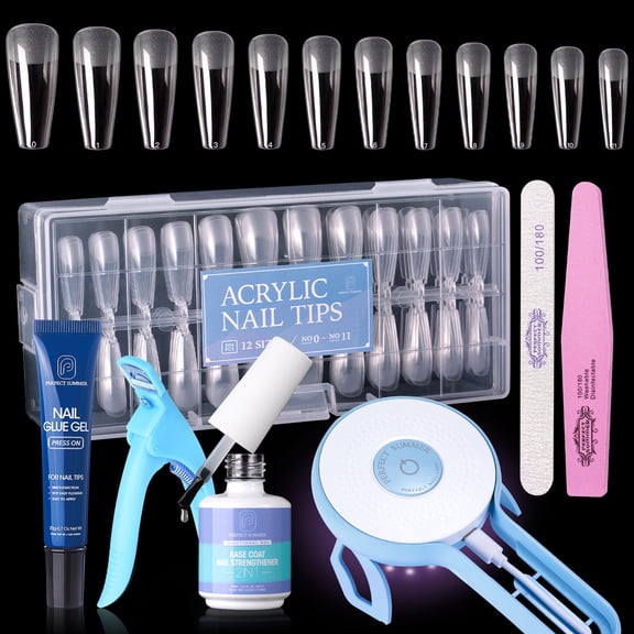 Perfect Summer Nail Tips and Glue Gel Kit, Acrylic Nail Kit with 504Pcs Coffin Clear False Nails, 36W UV LED Nail Lamp, 2 in 1 Nail Glue Gel, Nail Art Tools, Gel Nail Extension Kit, Manicure Gift Set