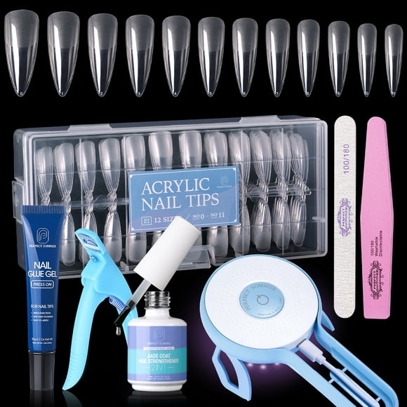 Perfect Summer Nail Tips and Glue Gel Kit, Acrylic Nail Kit with 504Pcs Stiletto Clear False Nail, 36W UV LED Nail Lamp, 2 in 1 Nail Glue Gel, Nail Art Tools, Gel Nail Extension Kit, Manicure Gift Set