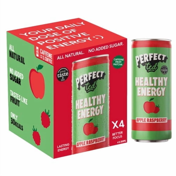 Perfect Ted Natural Energy Apple Raspberry 4 x 250ml, British Import (Pack of 2)