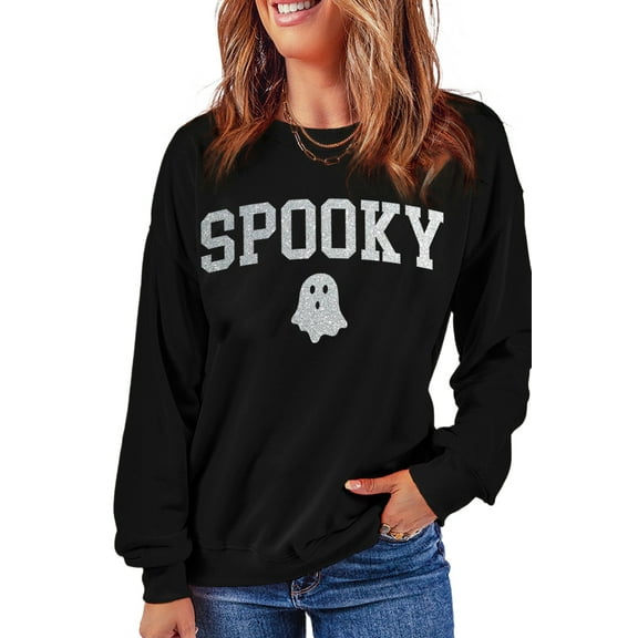 Perfect for Autumn and Halloween - Black Crew Neck Graphic Sweatshirt with Glitter Details | [ZhiHiMeRi] | (US 8-10)M