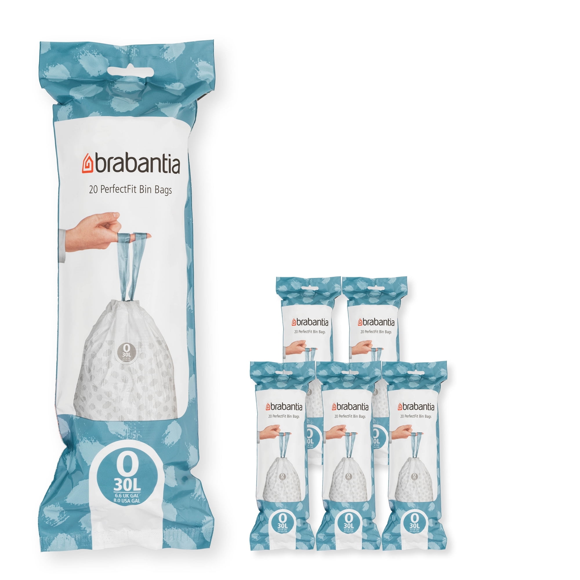 Brabantia PerfectFit Trash Bags with Drawstring Handles, Code O, 8 Gallon (30L), 120 Count