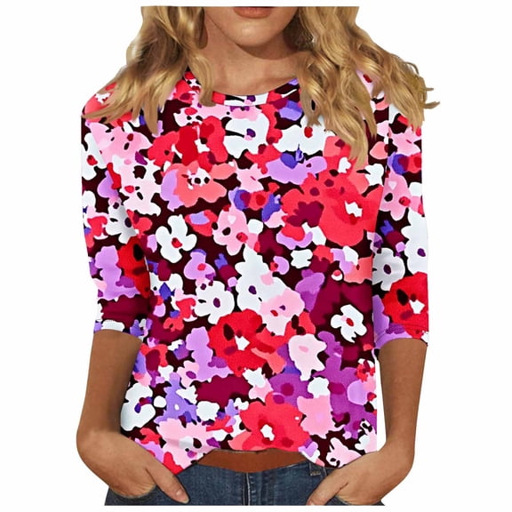 Perfectbot 3/4 Sleeve Tops for Womens Casual Trendy Loose Print T Shirts Crewneck Dressy Basics Tees