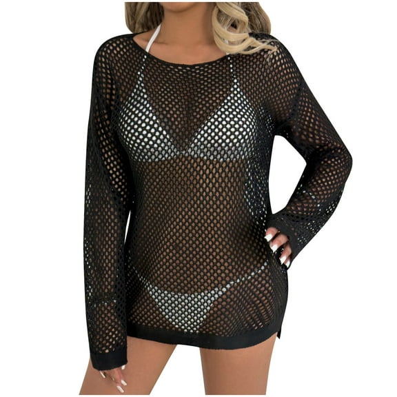 Perfectbot Beach Cover Up for Women Long Sleeve Crew Neck Crochet Tops Swimwear Bathing Suit Blouse