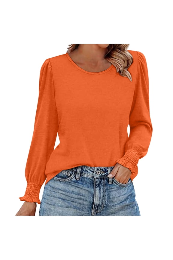 Blouses for Women Round Neck Ruched Long Sleeve Dressy Tops Fall Bussiness Going Out Shirt