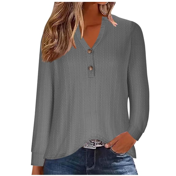 Perfectbot Blouses for Women Textured Button Henley Dressy Tops Fall Casual Loose Tunic Shirts