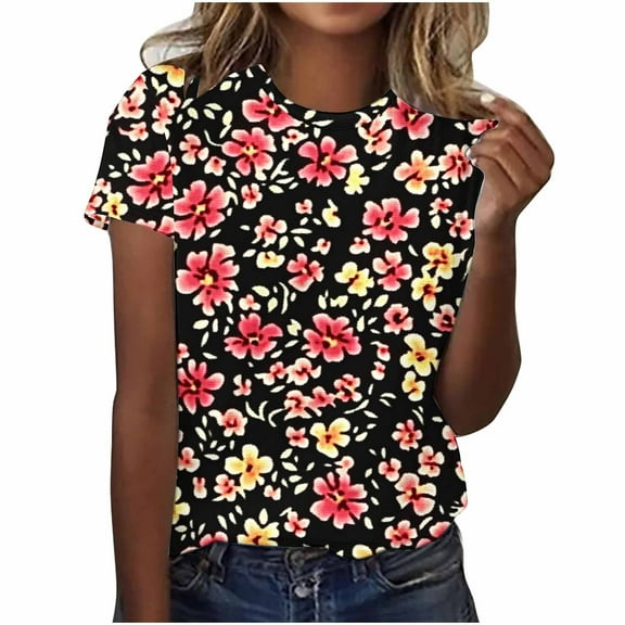 Perfectbot Blouses for Womens Short Sleeve Relaxed Casual Summer Print Crew Neck T-Shirts ,S-5XL