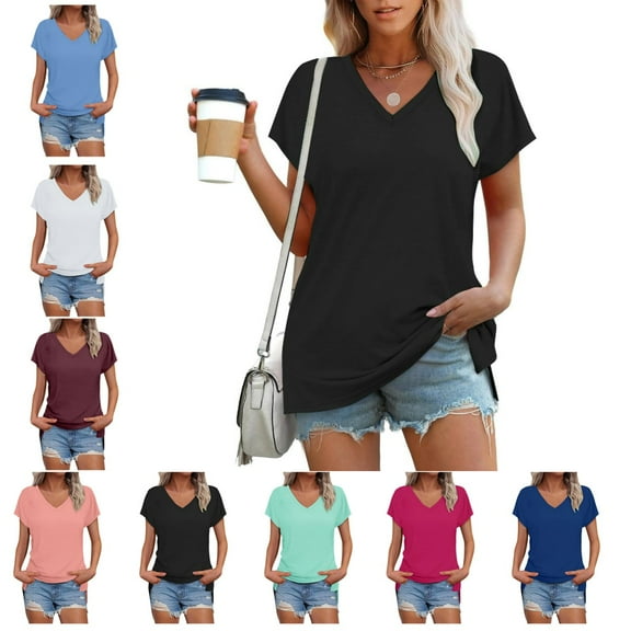 Perfectbot Blouses for Womens Short Sleeve Summer V-Neck Side Slit Casual Beach Vacation Fashion T-Shirts ,S-XXL