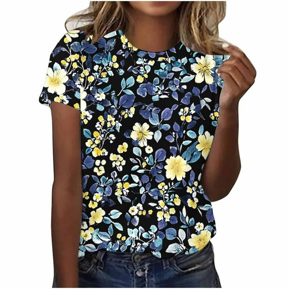 Perfectbot Blouses for Womens Summer Crew Neck Casual Short Sleeve Print Loose T-Shirts Size S-5XL