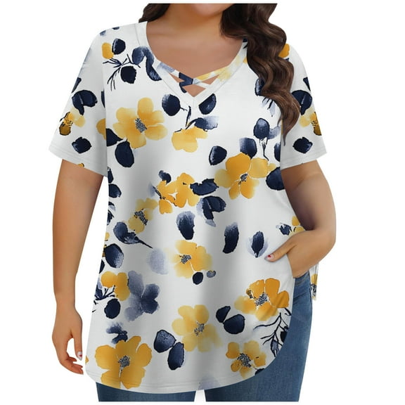 Perfectbot Blouses for Womens Summer Short Sleeve Plus Size Print V Neck Casual Shirts ,XL-5XL