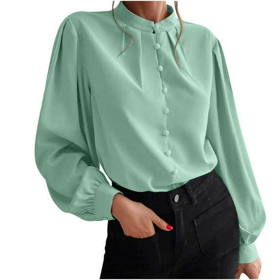 Perfectbot Button Down Shirts for Women Mock Neck Pleated Dressy Casual Blouse Puff Long Sleeve Tees