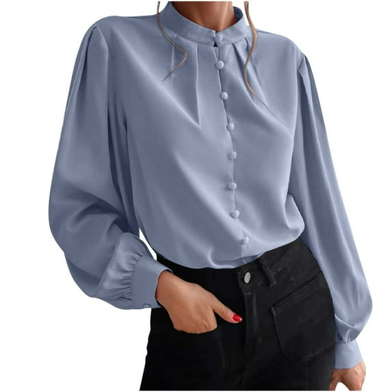 Perfectbot Button Down Shirts for Women Mock Neck Pleated Dressy Casual Blouse Puff Long Sleeve Tees
