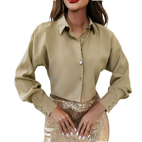 Perfectbot Button Down Shirts for Women Open Front Collared Crop Tops Fashion Fall Outfits Blouse