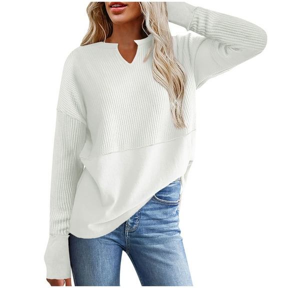 Perfectbot Casual Sweaters for Women Patchwork Waffle Knit V Neck Tops Exposed Seam Tunic Loose Fit Shirt