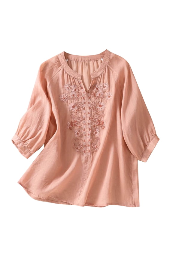 Cotton Linen Shirts for Women Short Sleeve Boho Retro Tops Loose Embroidered Blouse
