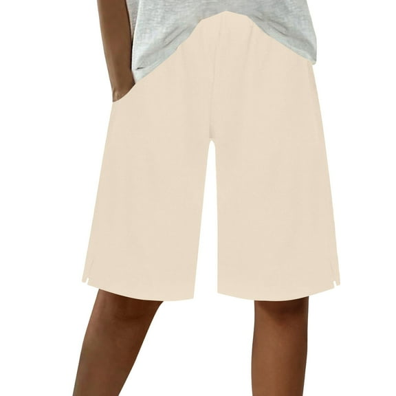 Perfectbot Cotton Linen Wide Leg Bermuda Shorts Women Elastic Waist Knee Length Casual Beach Outfits
