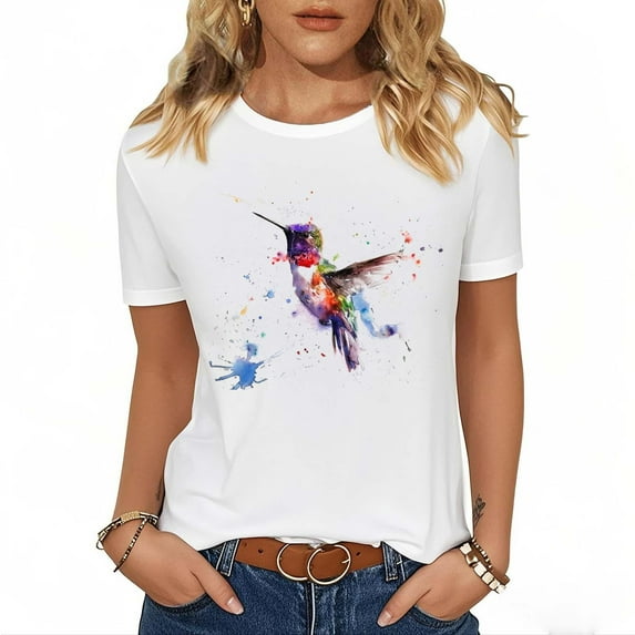 Perfectbot Crew Neck T-Shirt for Women, Short Sleeve Contrast Color Print Designs, Everyday Casual Wear