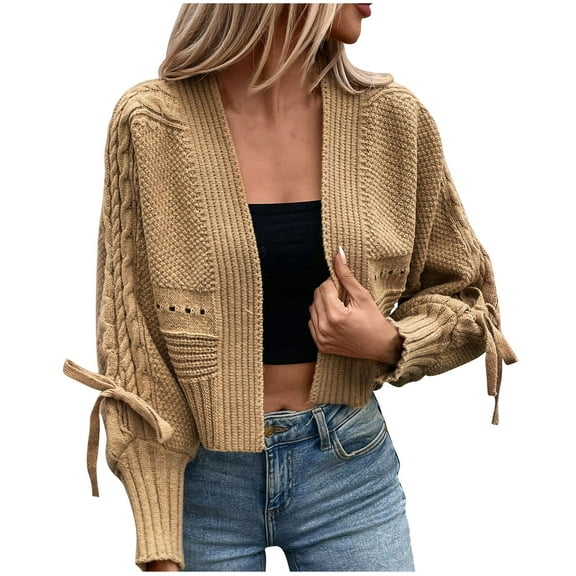 Perfectbot Crop Cardigans for Women Dressy Cable Knit Open Front Eyelet Sweaters Lantern Sleeve Fall Fashion