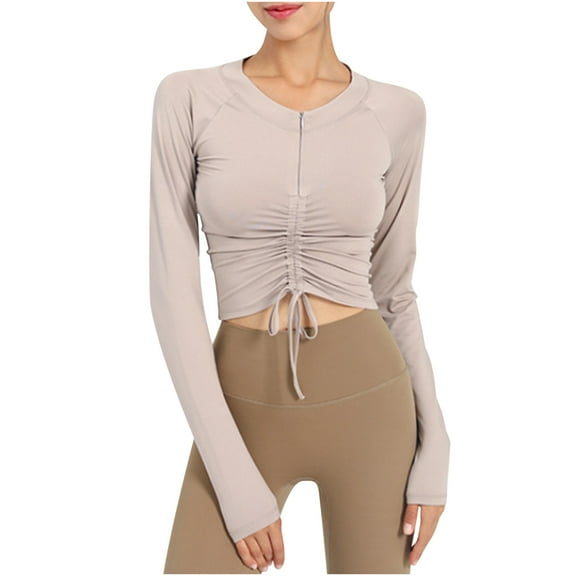 Perfectbot Crop Sweatshirts for Women Drawstring Ruched Workout Tops Fall Long Sleeve Yoga Gym Shirts