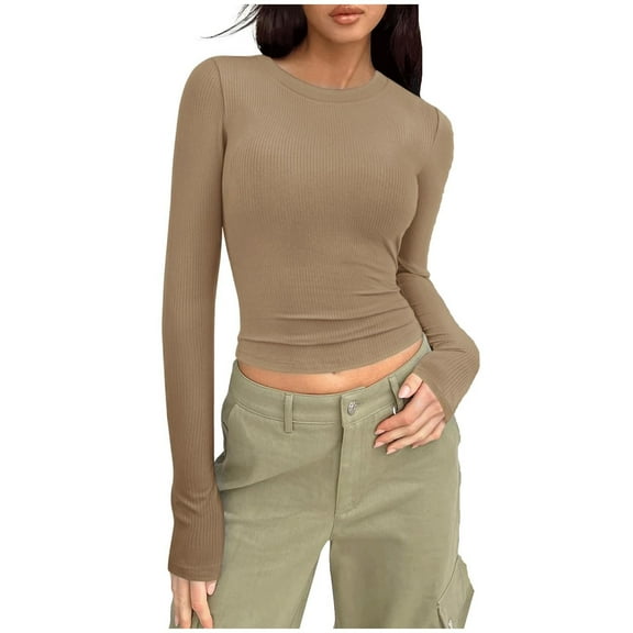 Perfectbot Crop Tops for Women Ribbed Knit Long Sleeves Slim Fit Blouse Crew Neck Casual Workout T Shirts