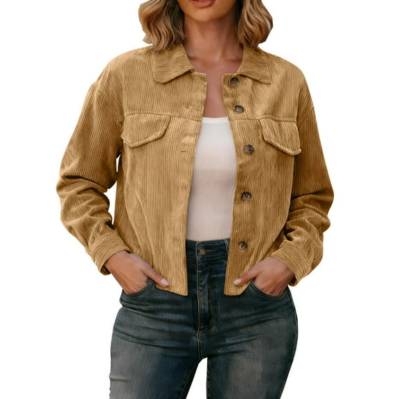 Perfectbot Cropped Corduroy Shacket for Women, Button Down Long Sleeve Shirt Jacket, Casual Outerwear