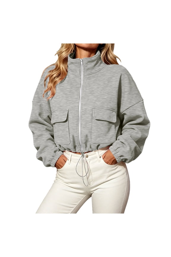 Cropped Jacket for Women, Stand Collar Drawstring Hem Cargo Pockets Fall Fashion Jacket