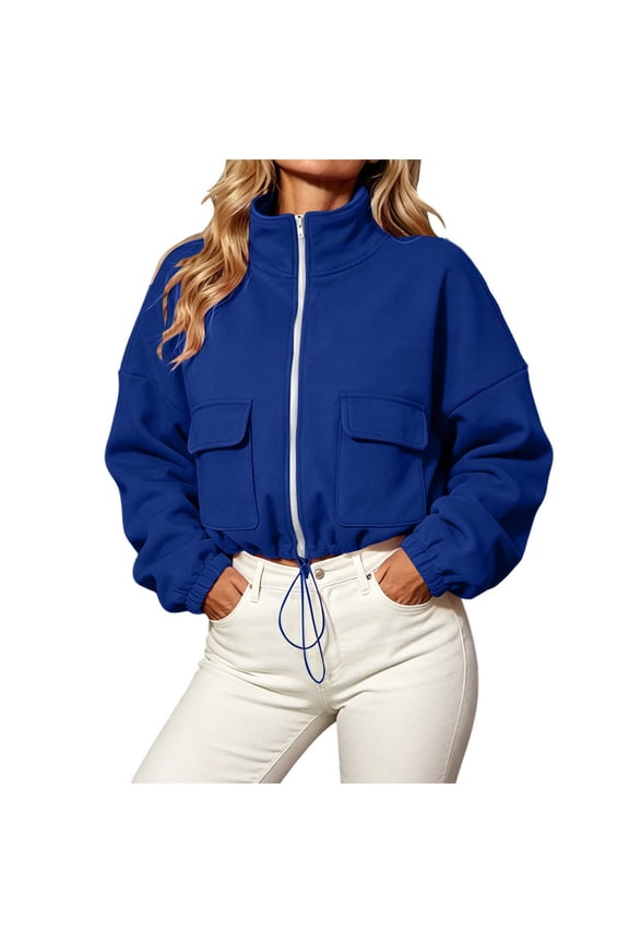 Cropped Jacket for Women, Stand Collar Drawstring Hem Cargo Pockets Fall Fashion Jacket