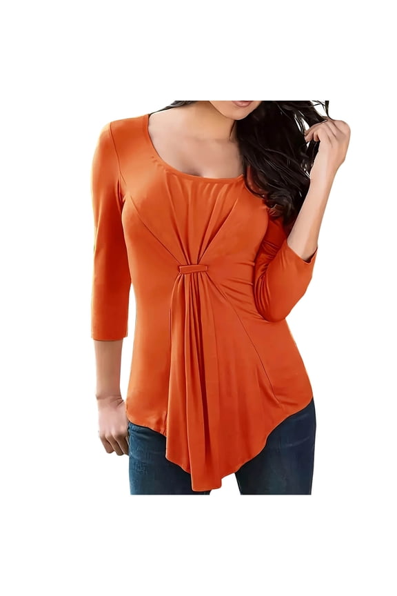 Dressy Blouses for Women Round Neck 3/4 Sleeve Ruched Tops Summer Fall Fashion Shirts