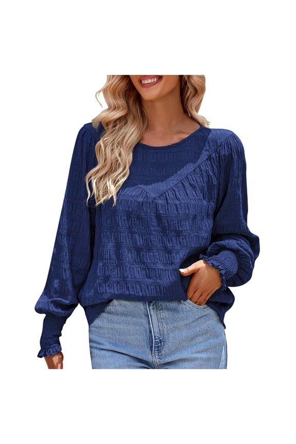 Dressy Blouses for Women Round Neck Cuffed Long Sleeves Tops Chiffon Work Bussiness Shirts