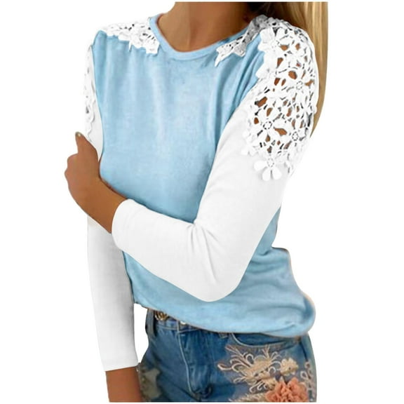Perfectbot Dressy Tops for Women Eyelet Lace Long Sleeves Basic Tee Shirts Casual Crewneck Blouse